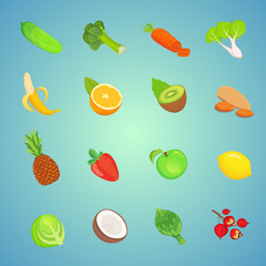 Cute cartoon Healthy food icons. Set of vegetarian foods