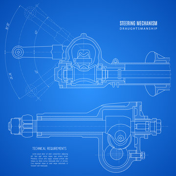 blueprint of steering mechanism, project technical drawing on the blue background. stock vector illustration eps10