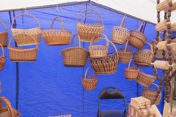 SLAVGOROD, BELARUS - AUGUST 14: Fair exhibition of handicrafts. Wood products. Matryoshka boxes...