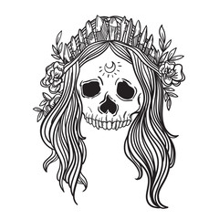Human skull with flower wreath and quartz crystal crown. Los muertos. halloween skull Queen of the Damned. Vector illustration.