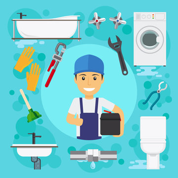 Sanitary engineering. Plumber at plumbing work with water drain vector illustration