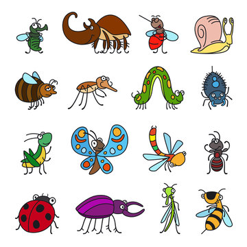 Vector funny insects and cute bugs on white background