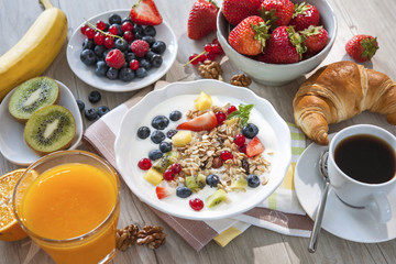 Healthy breakfast.Yogurt with muesli and fresh fruits