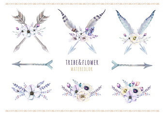 Watercolor bohemian ethnic set of arrows and flowers in native A