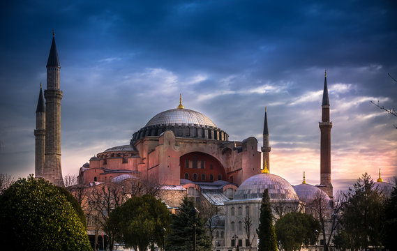 exterior view at sunset of the famous Hagia Sophia church , mosque and now museum in Istanbul Turkey view from the park of Sultanahmet mosque