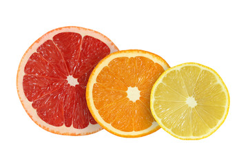 cut grapefruit and orange and lemon fruits isolated on white bac