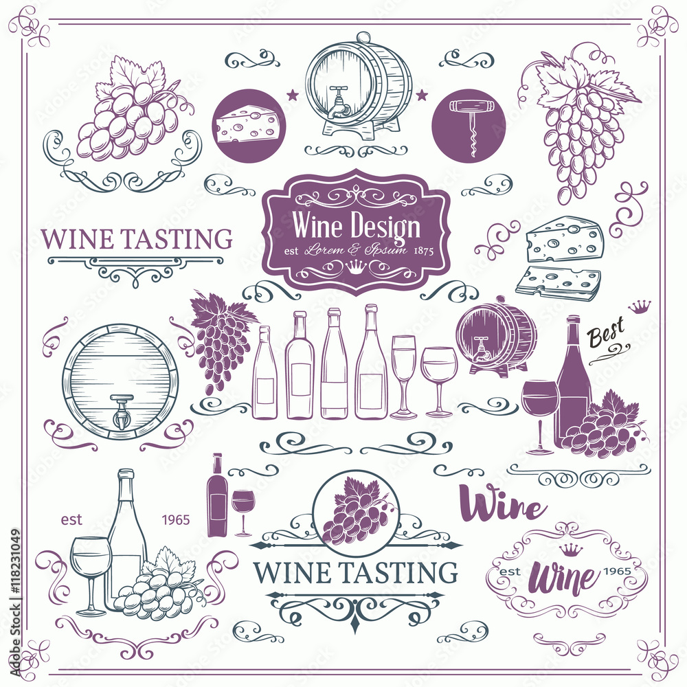 Wall mural Decorative vintage wine icons. - Wall murals