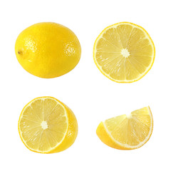 Collection of whole and cut lemon fruits isolated on white backg