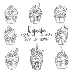 Set decorative hand drawn cupcakes.