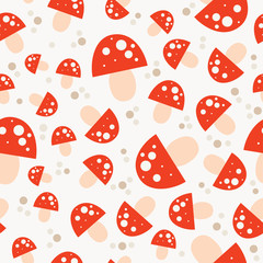 Seamless background with red mushrooms. Can be used for cards, invitations, wrapping, backgrounds and prints.