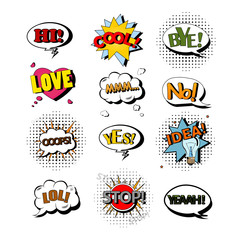 Obraz premium Vector set of speech bubbles with text. Illustration in pop art style. Design elements, clouds, message templates