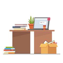 Office workplace interior design with desk and laptop.  Flat concept illustration.Business objects, elements.