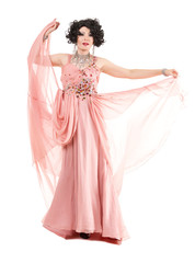 Portrait Drag Queen in Pink Evening Dress Performing
