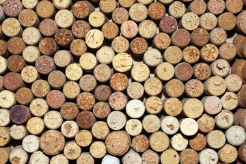 Background of used wine corks, wall of many different wine corks closeup