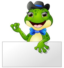 Happy frog cartoon holding blank sign
