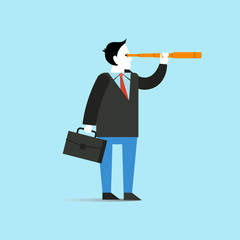Businessman look through spyglass vector illustration in flat style design. Creative business vision