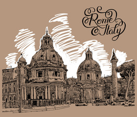 Obraz premium original digital drawing of Rome Italy cityscape with lettering 