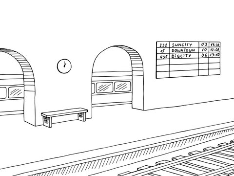 Railway station platform train graphic black white sketch illustration vector