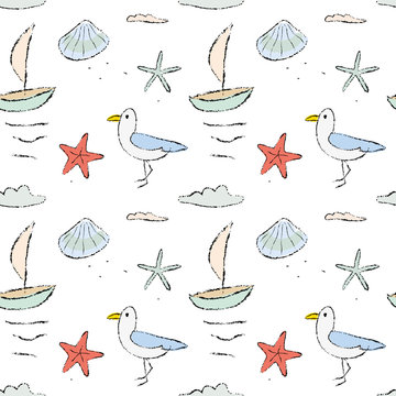 Cute summer sea seamless pattern on the white background. Shell, starfish, seagull bird, boat and clouds. Vector pencil illustration.