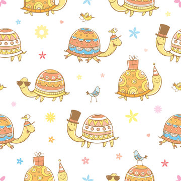 Seamless pattern with cute cartoon turtles and birds on white background. Roller skates and sunglasses. Funny animals. Summer time. Vector contour image.