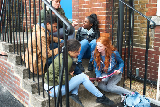 Young adult college student friends chatting and revising on campus stairs