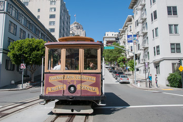 San Francisco, California, USA - APRIL 24, 2016:  Cable car at California street, documentary...