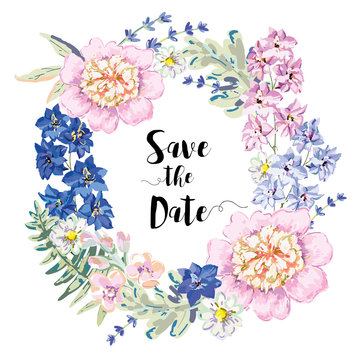 Floral wreath. Summer garden flowers peony, delphinium, daisy, gillyflower. Vector illustration. Wedding card Save the Date. Pink, blue, serenity.