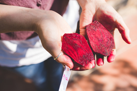 Woman's hand holding halved fresh beetroot in garden