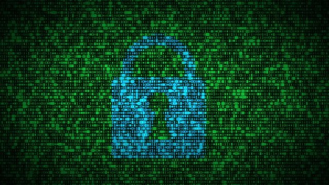 Large lock on a computer screen surrounded by thousands of random data being switched from zero to one. These videos could be a concept of firewall, antivirus protection, encryption software etc. 
