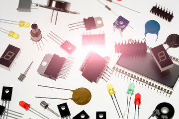Variety of diode and transistors, white background