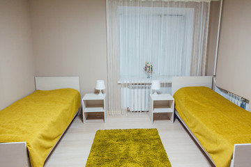 Hostel interior - bedroom. double bed. interior - obrazy, fototapety, plakaty