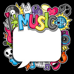 Obraz premium Music party kawaii background. Musical instruments, symbols and objects in cartoon style