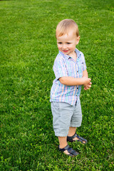 Adorable little smiling boy standing at the lawn at grass
