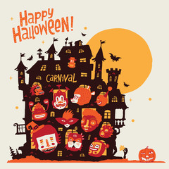 Happy Halloween! Halloween party in old castle and the characters in carnival costumes. Invitation postcard, poster, ornament or background for Halloween party invitation.