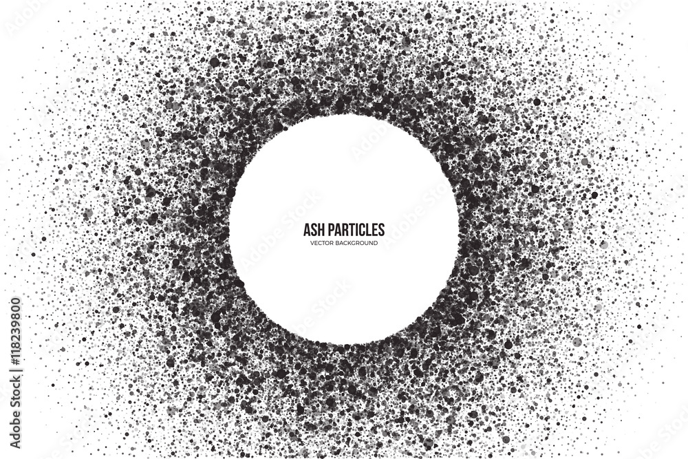 Poster abstract vector dark gray round ash particles on white background. spray effect. scatter exploding b