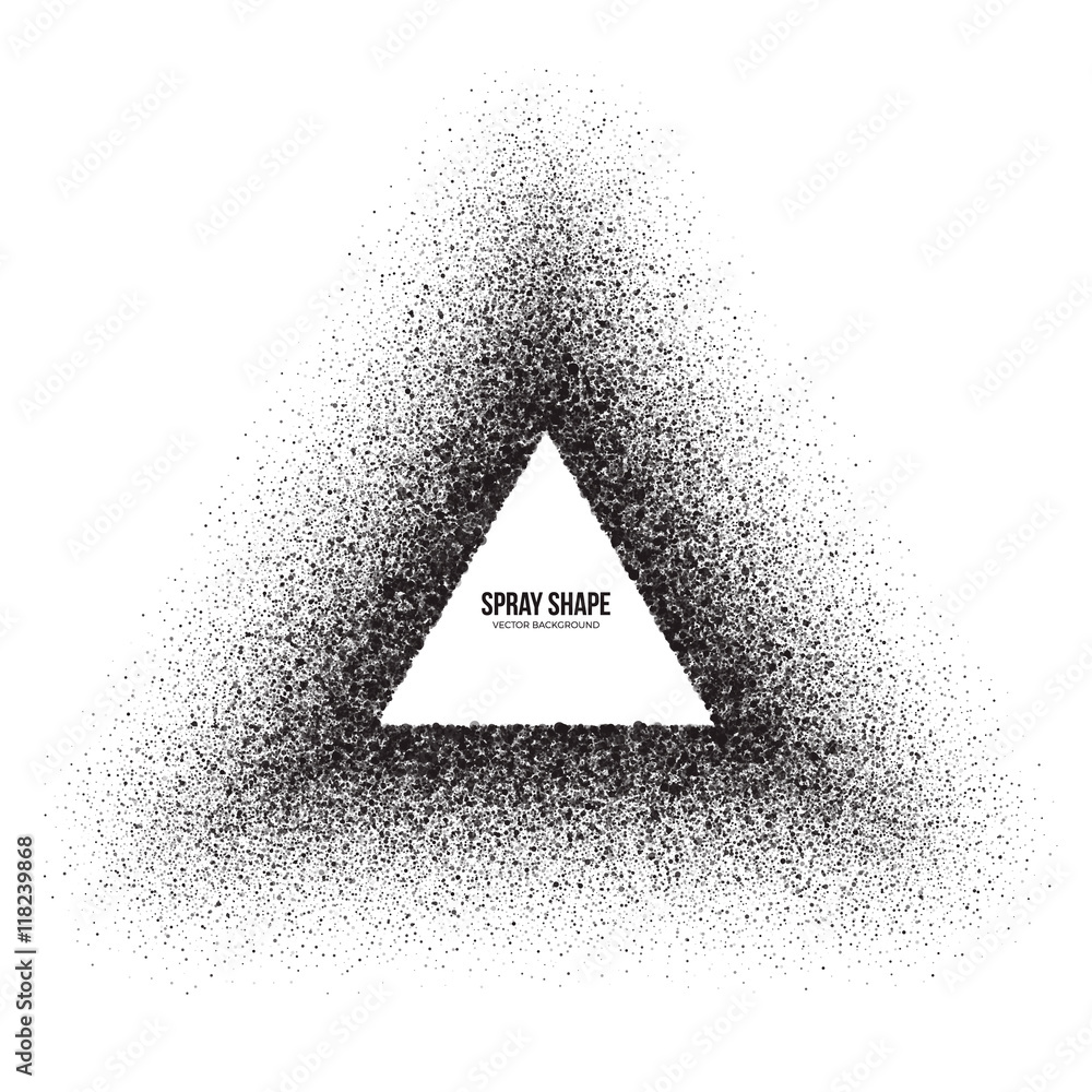 Poster vector spray effect abstract triangle shape. scatter exploding black drops. hand made grunge texture