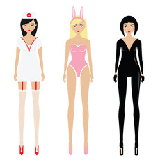 Sexy women in erotic role play costumes: bunny, paramedic, dominatrix