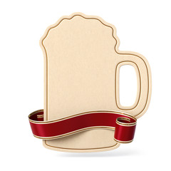 Curled red ribbon banner with beer mug silhouette card
