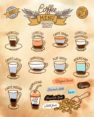 Vector watercolor sketh of infographic with coffee types and their preparation.