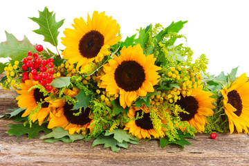 Sunflowers with green leaves