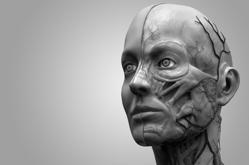 isolated head anatomy of a female - muscle anatomy of the face , medical image reference of human anatomy in realistic 3D rendering in black and white