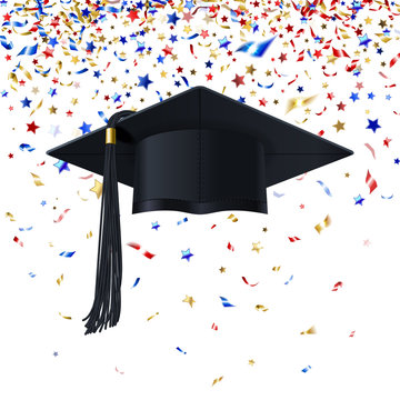 Graduate Cap on a Background of Multicolor Confetti