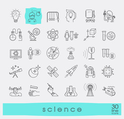 Collection of scientific icons. Line icons of science, ideas, physics, chemistry, astronomy, genetic engineering.