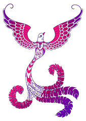 Pink-purple ornate doodle bird on white background