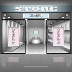 realistic store or office interior template. Boutique illustration with shopwindow, shelves, banners.