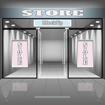 realistic store or office interior template. Boutique illustration with shopwindow, shelves, banners.