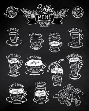Sketchy infographic with coffee types and their preparation on blackboard.