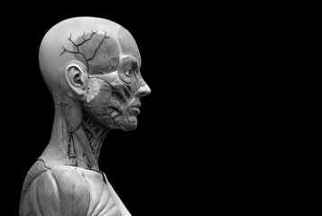 Human anatomy of a female isolated - muscle anatomy of the face neck and shoulder , medical image reference of human anatomy in realistic black and white 3D rendering