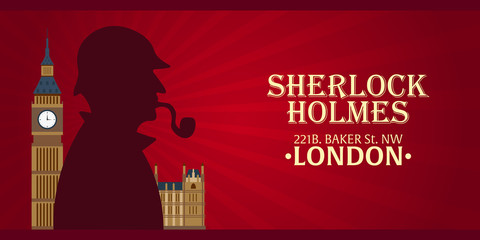 Sherlock Holmes poster. Detective illustration. Illustration with Sherlock Holmes. Baker street 221B. London. Big Ban
