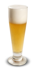 Beer glass with foam on white background